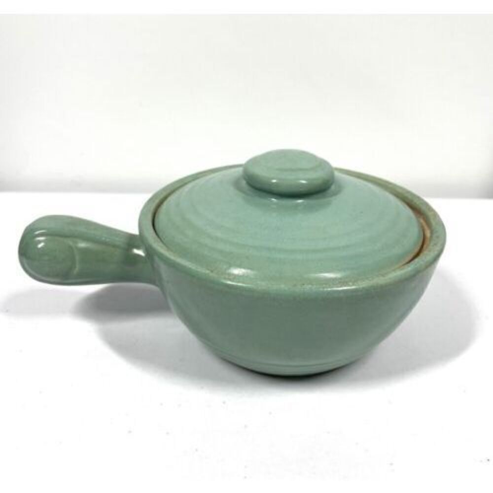 Vintage Green Pottery Ringware Pot Size Small Lid + Handled Bowl